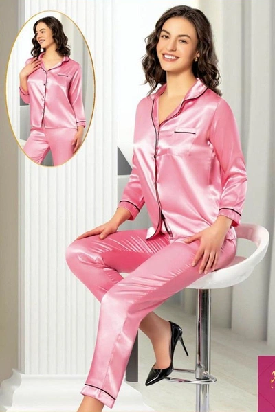 Saten Önden Düğmeli Cepli Gömlek Yaka Kadın Pijama Takımı Pembe XSES 2105