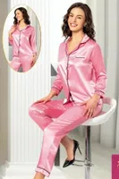 Saten Önden Düğmeli Cepli Gömlek Yaka Kadın Pijama Takımı Pembe XSES 2105 Pembe