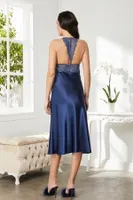 Saten Sırt Dekolteli Dantelli Midi Gecelik Pierre Cardin 905  Lacivert görsel 19