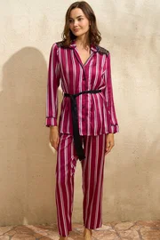 Anıl Kuşaklı Saten Uzun Kol Gömlek Pantolon Takım Anıl 9765