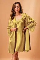 Saten Yeşil Dantelli Kimono Takım Nurteks 5336 Yeşil