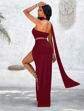 Pink Night Seksi Bordo Uzun Kadın Elbise Pink Night 5547 - Alternatif Görünüm