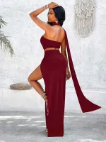 Seksi Bordo Uzun Kadın Elbise Pink Night 5547 Bordo detay görünüm