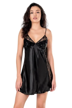 Ahu Lingerie Şerit Dantel Detaylı Siyah Kısa Saten Gecelik Ahu Primoda 8128
