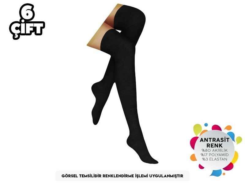 Diz Üstü Antrasit Yün Akrilik Çorap 6'lı Şirin 5140 - 12 ADET