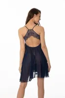 Sırt Dekolteli Şifon Dantelli Kısa Gecelik Pierre Cardin 880  Lacivert görsel 14