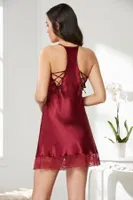Sırtı Çapraz ipli Saten Dantelli Kısa Gecelik Pierre Cardin 870  Bordo görsel 19