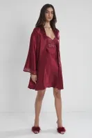 Sırtı Kalp Dantelli Saten Gecelik Sabahlık Takımı Pierre Cardin 4090  Bordo görsel 17