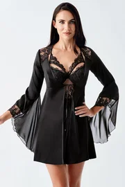 İmaj Siyah 2li Saten Gecelik Takım Tül Dantel Detaylı Transparan İmaj 104