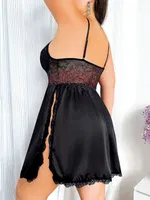 Siyah Askılı Yırtmaçlı Saten Dantel Büyük Beden Fantezi Gecelik Pink Night 6649 Siyah detay görünüm