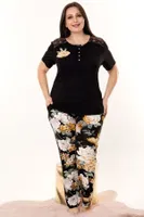 Siyah Çiçek Desenli Tüllü Viskon Kapri Pijama Takımı Büyük Beden Lady 10972 Siyah