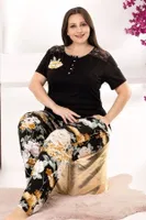 Siyah Çiçek Desenli Tüllü Viskon Kapri Pijama Takımı Büyük Beden Lady 10972 Siyah detay görünüm