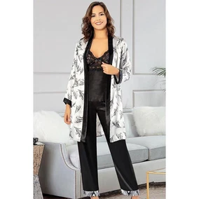 XSES Siyah Desenli Dantelli Saten Empirme Sabahlık Pijama Çeyiz Seti XSES 2150