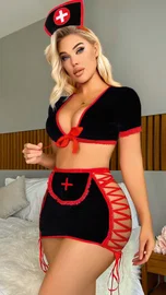 Lily Bianca Siyah Hemşire Kostüm Kırmızı Britli Lily Bianca LB-132