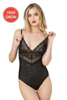 Siyah İnce Askılı Dantel Ve Tül Sırtı Açık Rahat Kancalı Çıtçıtlı Body Özkan 26835 Siyah