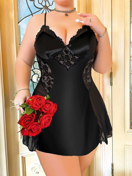 Siyah Saten Dantel Tül Büyük Beden Fantezi Gecelik Pink Night 6650