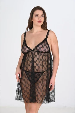 Ahu Lingerie Siyah Tül Dantel Büyük Beden Gecelik Ahu Primoda 3041