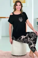 Siyah Viskon Düşük Kollu Rahat Kesim Kapri Pijama Takımı Lady 12067 Siyah