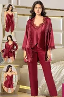 Şortlu Empirme 4Lü Saten Sabahlık Pijama Çeyiz Seti XSES 2165 Bordo