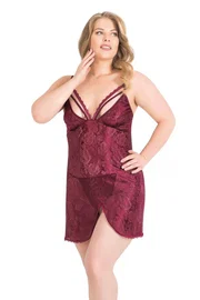 Ahu Lingerie Stil Büyük Beden Bordo Kısa Jakarlı Gecelik Primoda Ahu 2069