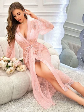 Pink Night Tam Dantelli Pembe Uzun Sabahlık Pink Night 1320