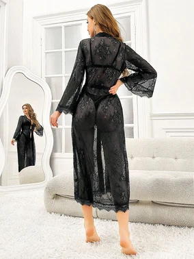 Pink Night Tam Dantelli Siyah Uzun Sabahlık Pink Night 1321 - Alternatif Görünüm