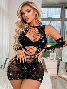 Real Passione Taşlı Vücut Çorabı Elbise Siyah Real Passione 31045