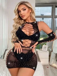 Real Passione Taşlı Vücut Çorabı Elbise Siyah Real Passione 31045