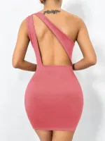 Tek Omuz Askı Pembe Mini Seksi Elbise Pink Night 2282 Pembe detay görünüm