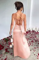 Tek Omuz Sırt Dekolteli Derin Yırtmaçlı Seksi Uzun Elbise Pink Night 5539 Ten detay görünüm