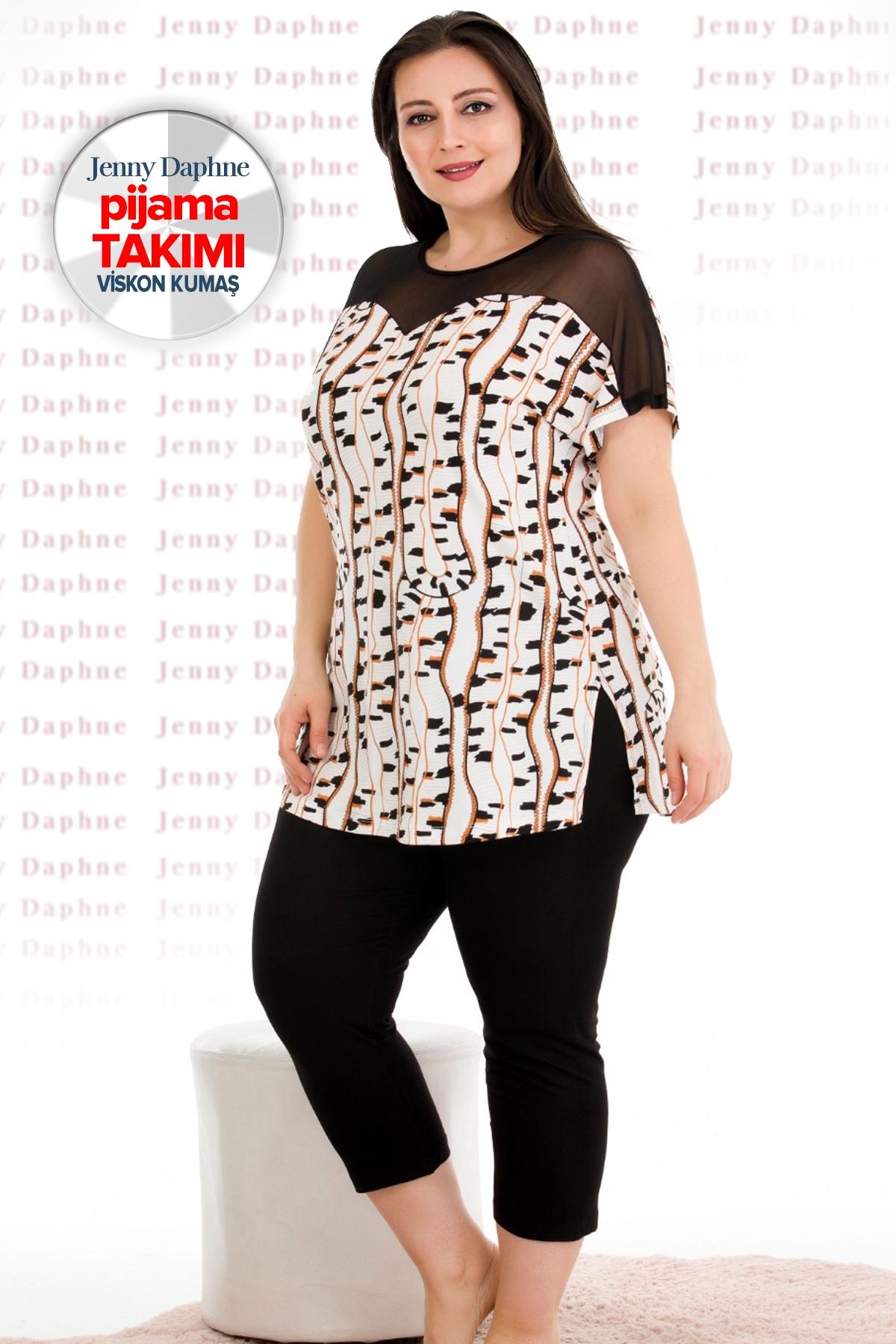 Transparan Omuzlu Büyük Beden Desenli Kapri Pijama Takımı Lady 10675