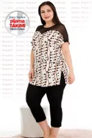 Transparan Omuzlu Büyük Beden Desenli Kapri Pijama Takımı Lady 10675 Siyah