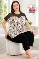 Transparan Omuzlu Büyük Beden Desenli Kapri Pijama Takımı Lady 10675 Siyah detay görünüm