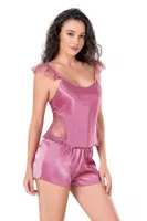 Tül Askı Detaylı Gül Kurusu Saten Babydoll Şort Takımı Ahu Primoda 9107 Pembe detay görünüm