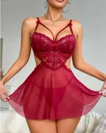 Tül Dantel Kırmızı İpli Dekolteli Erotik Gecelik Ruselin 2162 Kırmızı