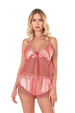 Ahu Lingerie Tül Saten Mercan Babydoll Şort Takımı Ahu Primoda 9138