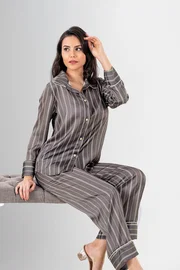 Ahu Lingerie Uzun Kollu Düğmeli Çizgili 2li Kadın Pijama Takımı Ahu Loriva 1947