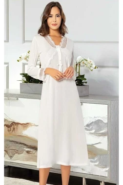 XSES Uzun Kollu Düğmeli Lohusa Gecelik Ekru XSES 2500