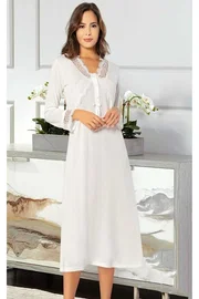 XSES Uzun Kollu Düğmeli Lohusa Gecelik Ekru XSES 2500