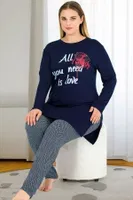 Uzun Kollu Lacivert Büyük Beden Viskon Kapri Pijama Takımı Lady 11401 Lacivert