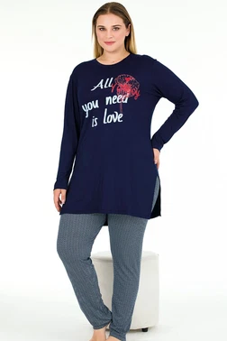 Lady Uzun Kollu Lacivert Büyük Beden Viskon Kapri Pijama Takımı Lady 11401 - Alternatif Görünüm