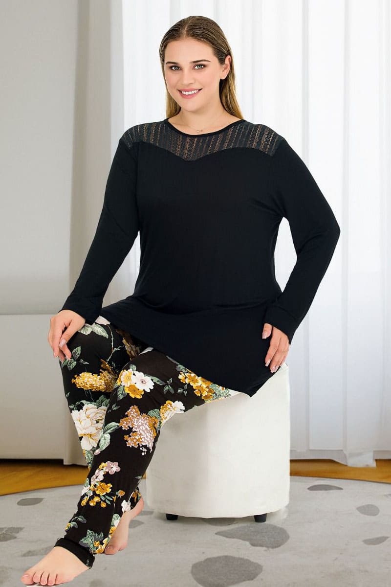 Uzun Kollu Tüllü Çiçekli Büyük Beden Viskon Pijama Takımı Lady 11391