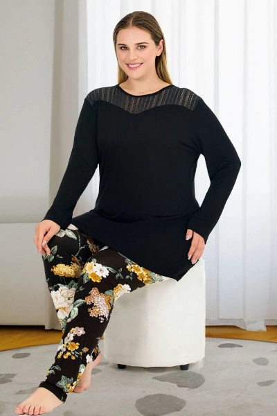 Uzun Kollu Tüllü Çiçekli Büyük Beden Viskon Pijama Takımı Lady 11391
