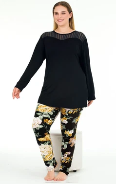 Lady Uzun Kollu Tüllü Çiçekli Büyük Beden Viskon Pijama Takımı Lady 11391 - Alternatif Görünüm