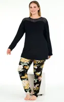Uzun Kollu Tüllü Çiçekli Büyük Beden Viskon Pijama Takımı Lady 11391 Siyah detay görünüm