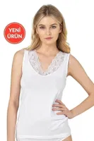 V Yaka Dantel Detaylı Kadın Süprem Pamuklu Esnek Kalın Askılı Atlet Özkan 26957  Beyaz görsel 6