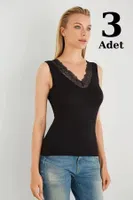 V Yaka Dantelli O Kol Siyah Tişört Arma Yıldız 3335 - 3 ADET Siyah