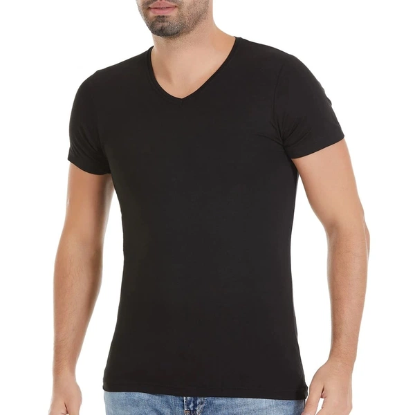 V-Yaka Kısa Kollu Erkek Siyah Bambu T-Shirt Yıldız 481