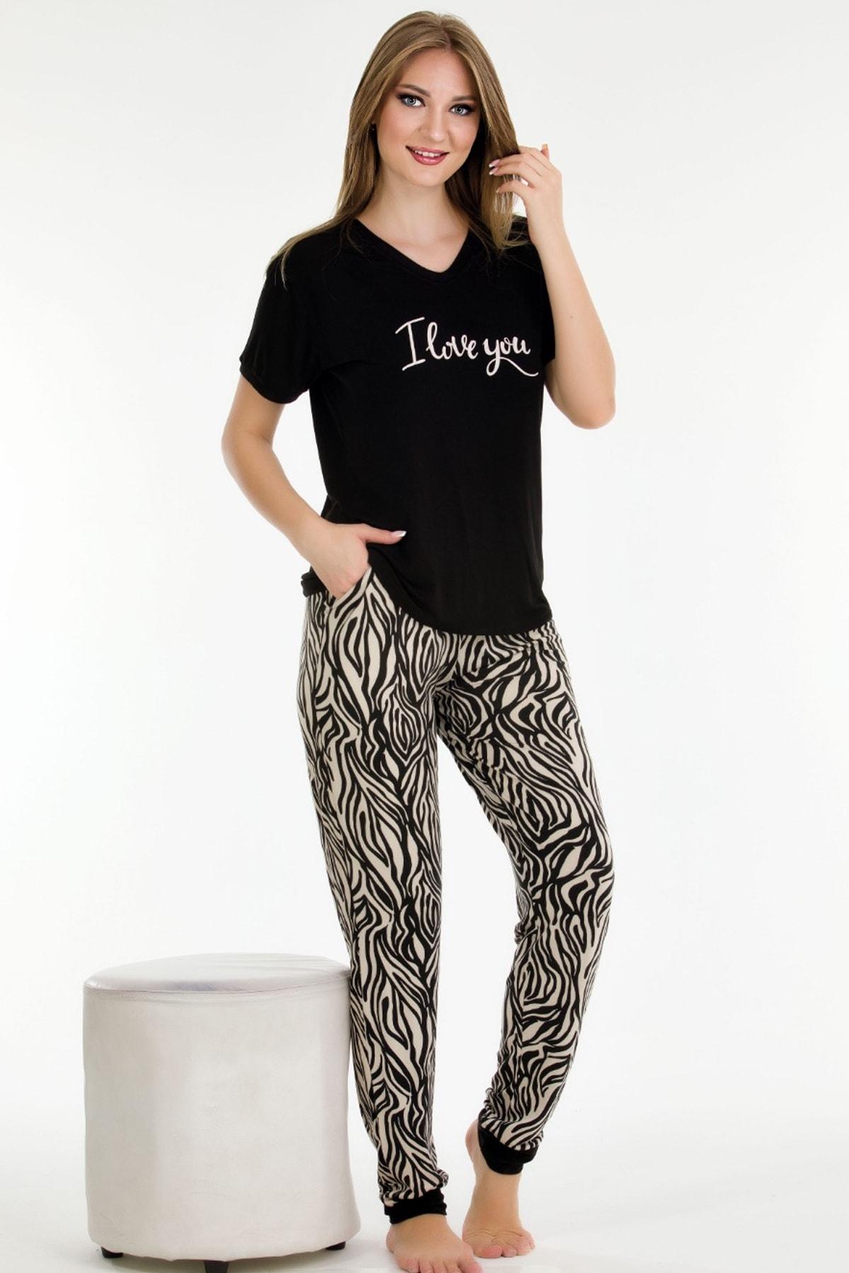 V Yaka Siyah Leopar Desenli Kısa Kollu Pijama Takımı Lady 12548