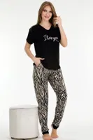 V Yaka Siyah Leopar Desenli Kısa Kollu Pijama Takımı Lady 12548 Siyah